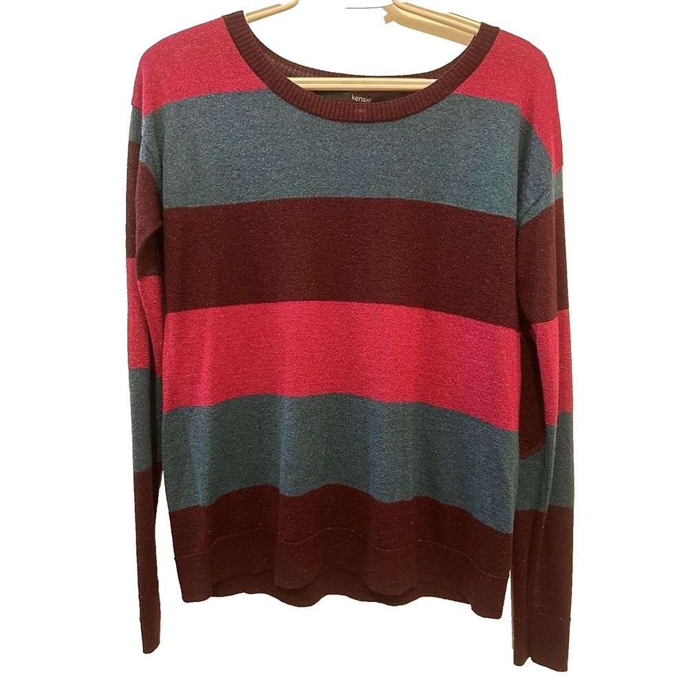 Kensie Womens Size M Knit Sweater Melange Striped Lurex Elbow pads metallic